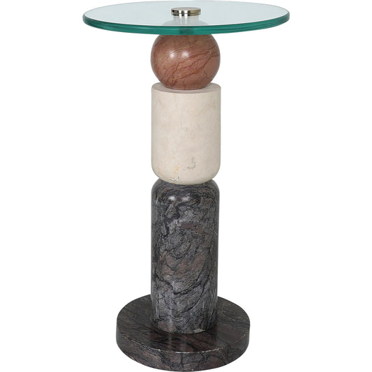 Moreno Drinks Table by Currey and Company in natural, brass, clear. Made from rosa cappuccino marble, camello neve marble, breccia marble, brass, glass in a unique style.