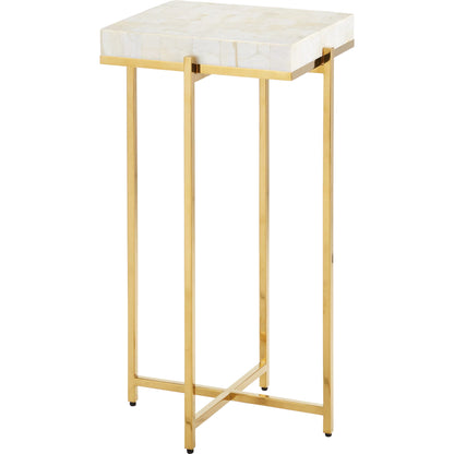 Casey Mother of Pearl Accent Table by Currey and Company in natural, brass. Made from mother of pearl, stainless steel, engineered wood in a modern style.