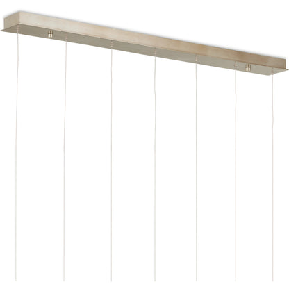 Banyan 7-Light Linear Multi-Drop Pendant by Currey and Company in antique brass, clear, silver. Made from metal, glass in a modern style.