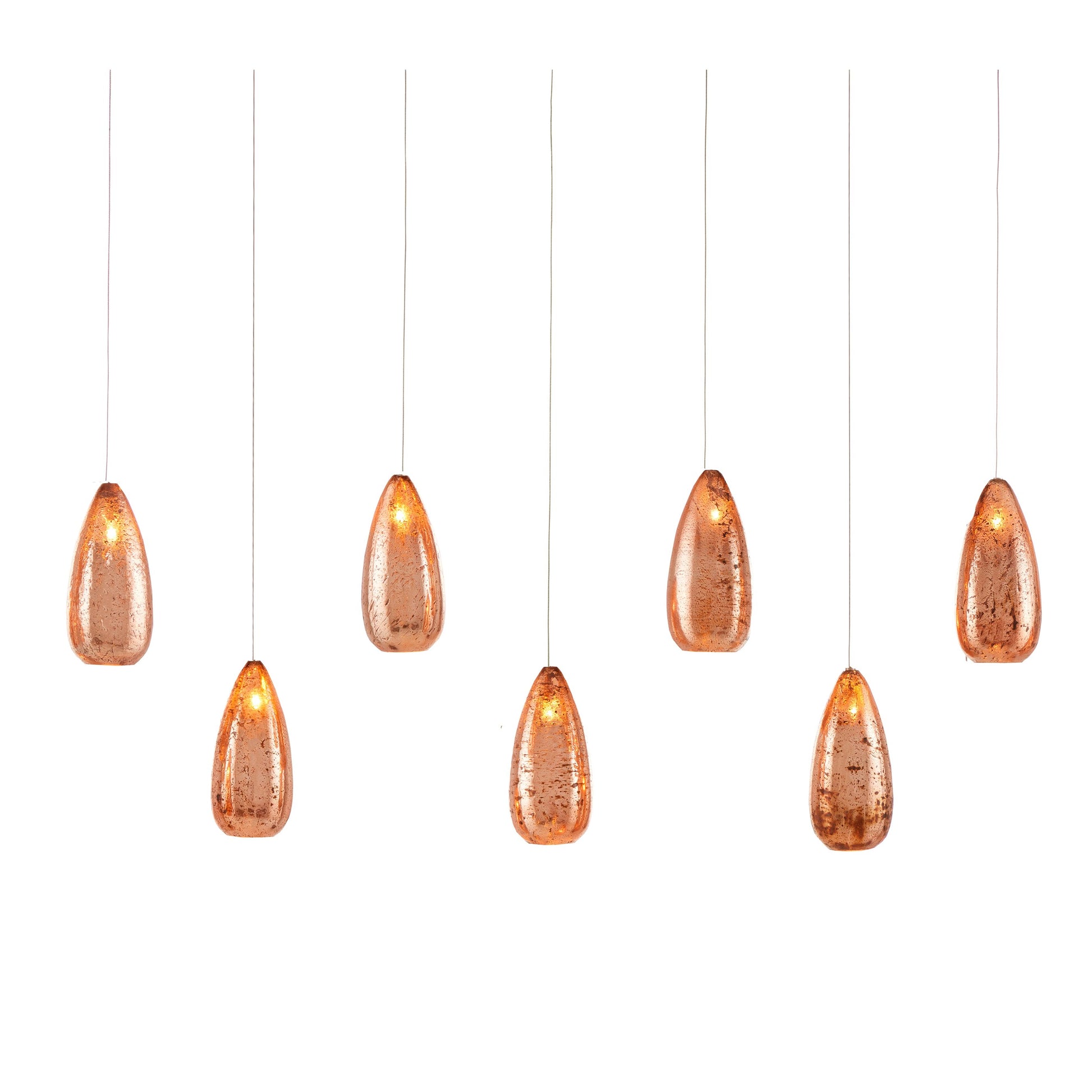 Rame Rectangular 7-LIGHT Multi-Drop Pendant by Currey and Company in copper, silver. Made from copper, glass in a modern style.