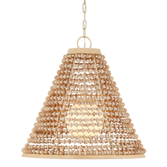 Pendulum Pendant by Currey and Company in natural, coco cream, white. Made from wood beads, metal, glass in a modern style.