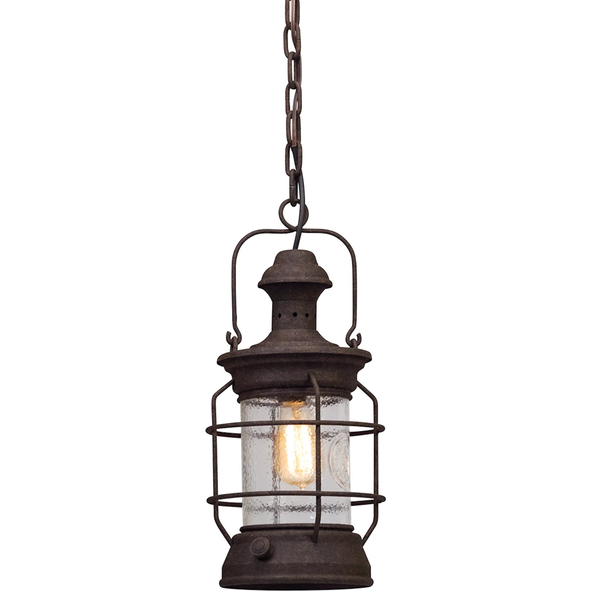 Atkins Hanging Lantern by Troy in centennial rust. Made from hand worked iron, aluminum in a traditional style.