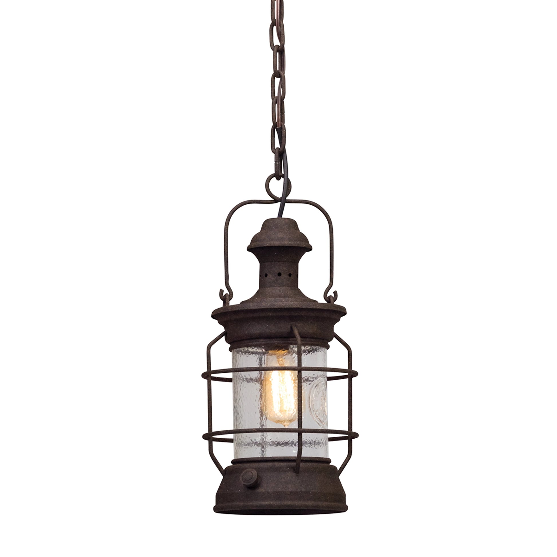 Atkins Hanging Lantern by Troy in centennial rust. Made from hand worked iron, aluminum in a traditional style.