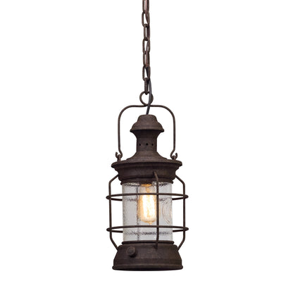 Atkins Hanging Lantern by Troy in centennial rust. Made from hand worked iron, aluminum in a traditional style.