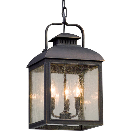 Chamberlain Hanger Lantern by Troy in vintage bronze. Made from solid aluminum in a unique style.