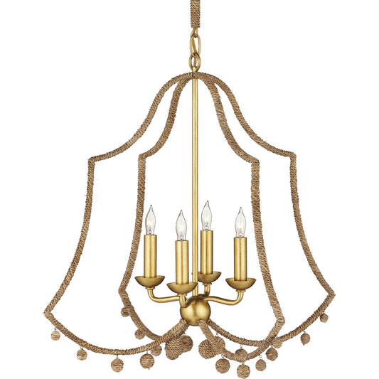 Nimes Chandelier by Currey and Company in natural rope, contemporary gold leaf. Made from lampakanay rope, wrought iron in a unique style.