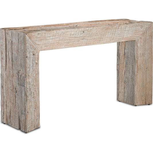 Kanor Console Table by Currey and Company in whitewash. Made from reclaimed wood in a modern style.
