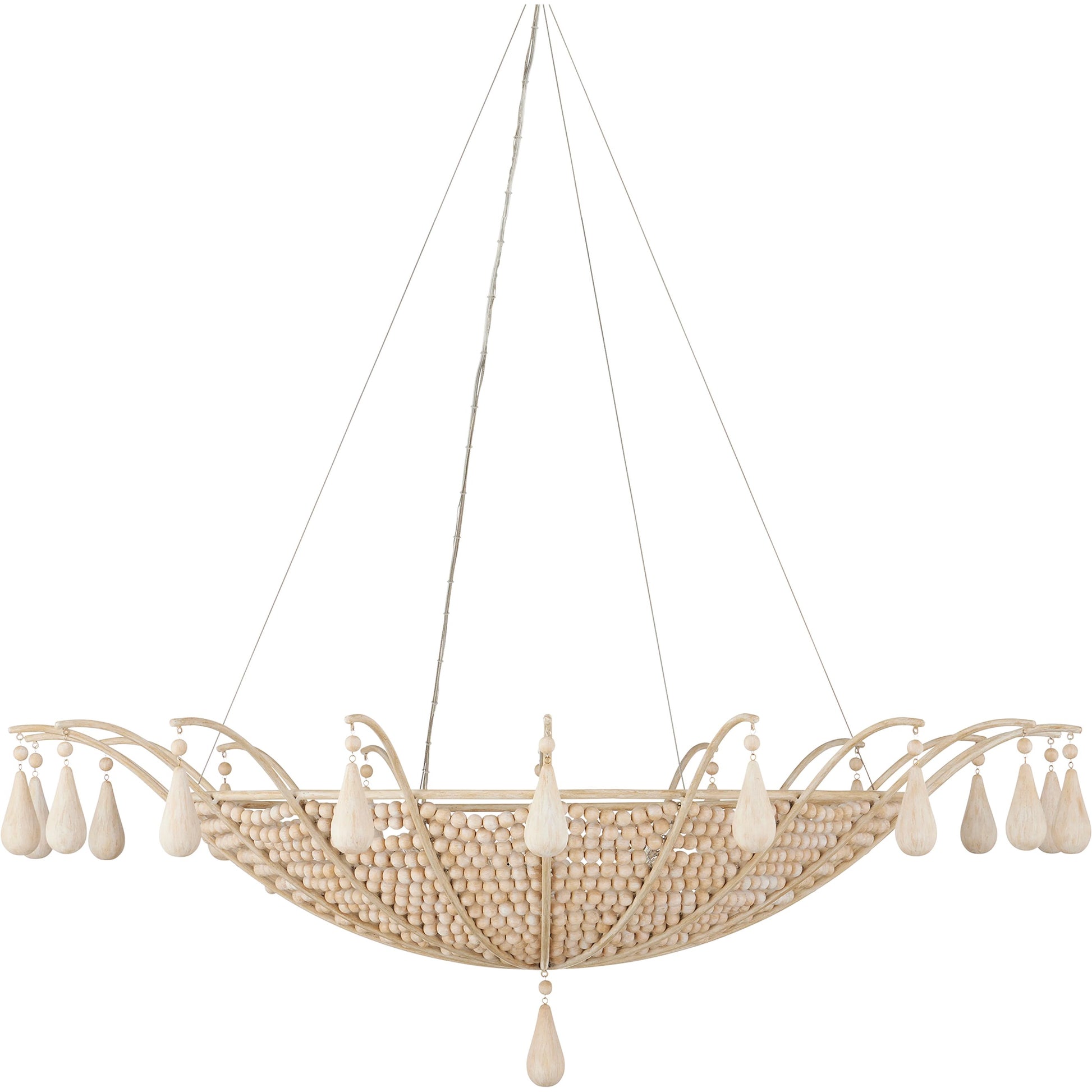 Korg Chandelier by Currey and Company in sandstone. Made from wood beads, wrought iron in a cottage & farmhouse style.