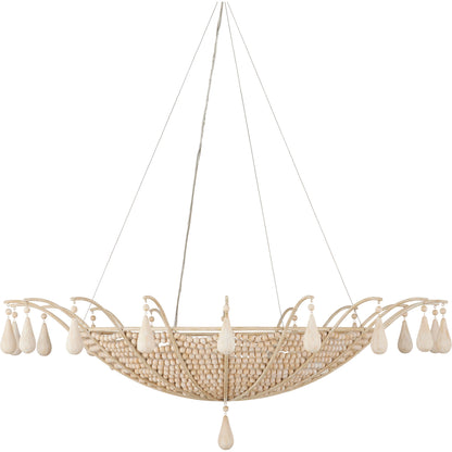 Korg Chandelier by Currey and Company in sandstone. Made from wood beads, wrought iron in a cottage & farmhouse style.