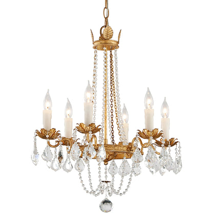 Viola Chandelier by Troy in distressed gold leaf. Made from hand worked iron in a traditional style.