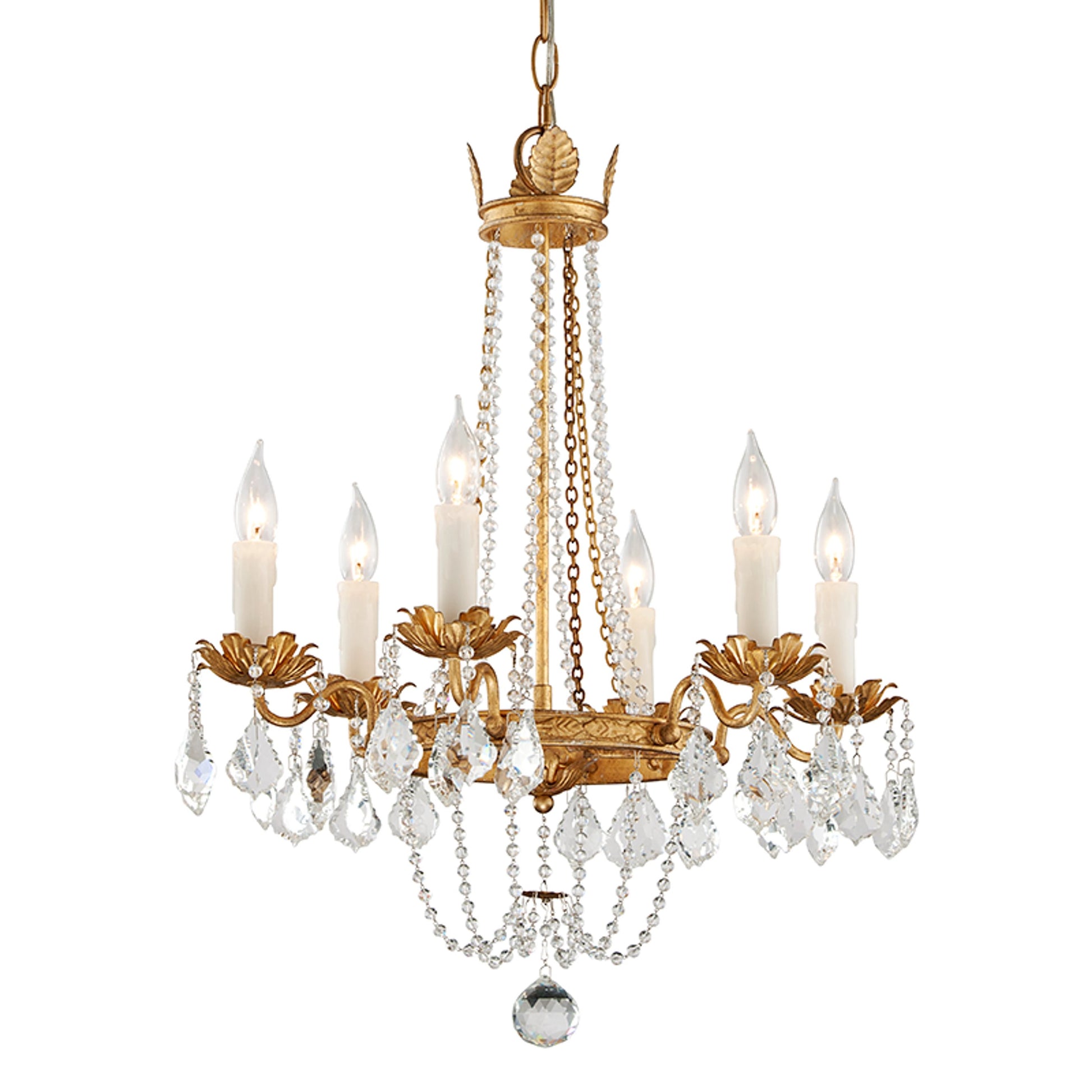 Viola Chandelier by Troy in distressed gold leaf. Made from hand worked iron in a traditional style.