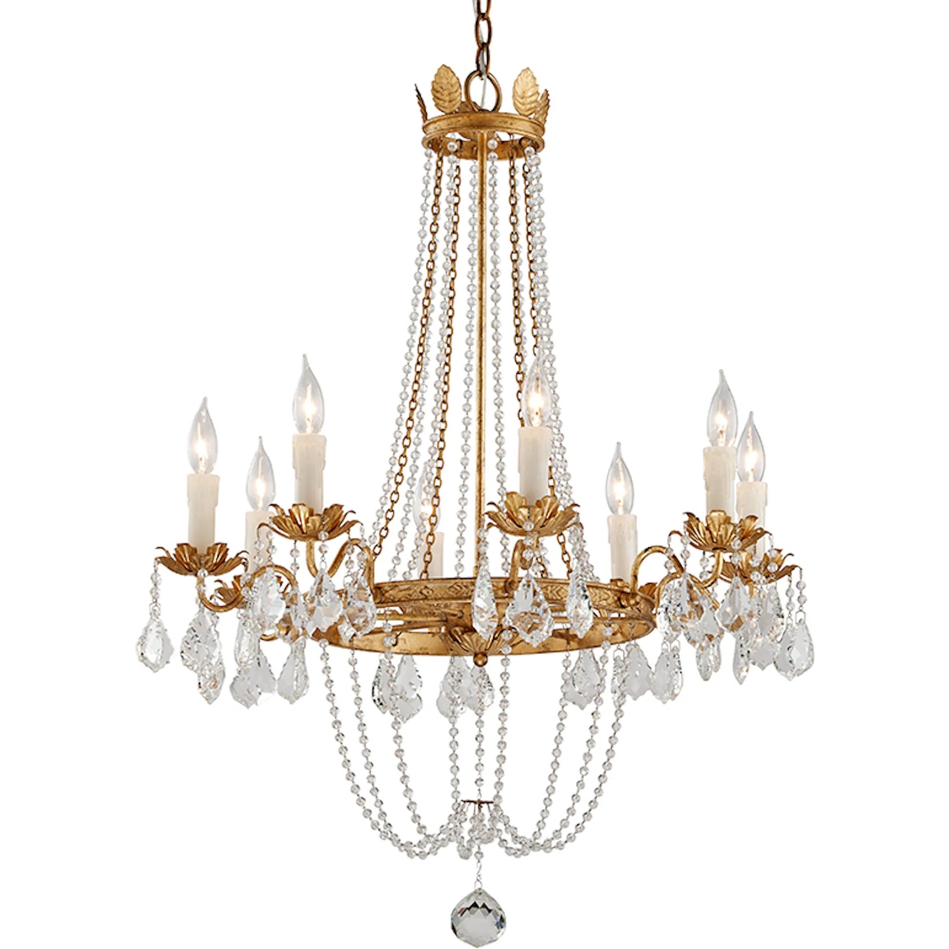 Viola Chandelier by Troy in distressed gold leaf. Made from hand worked iron in a traditional style.