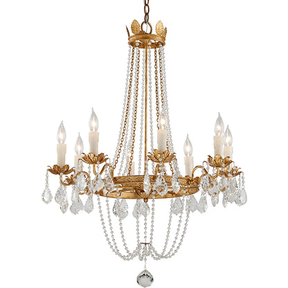 Viola Chandelier by Troy in distressed gold leaf. Made from hand worked iron in a traditional style.