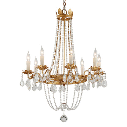 Viola Chandelier by Troy in distressed gold leaf. Made from hand worked iron in a traditional style.