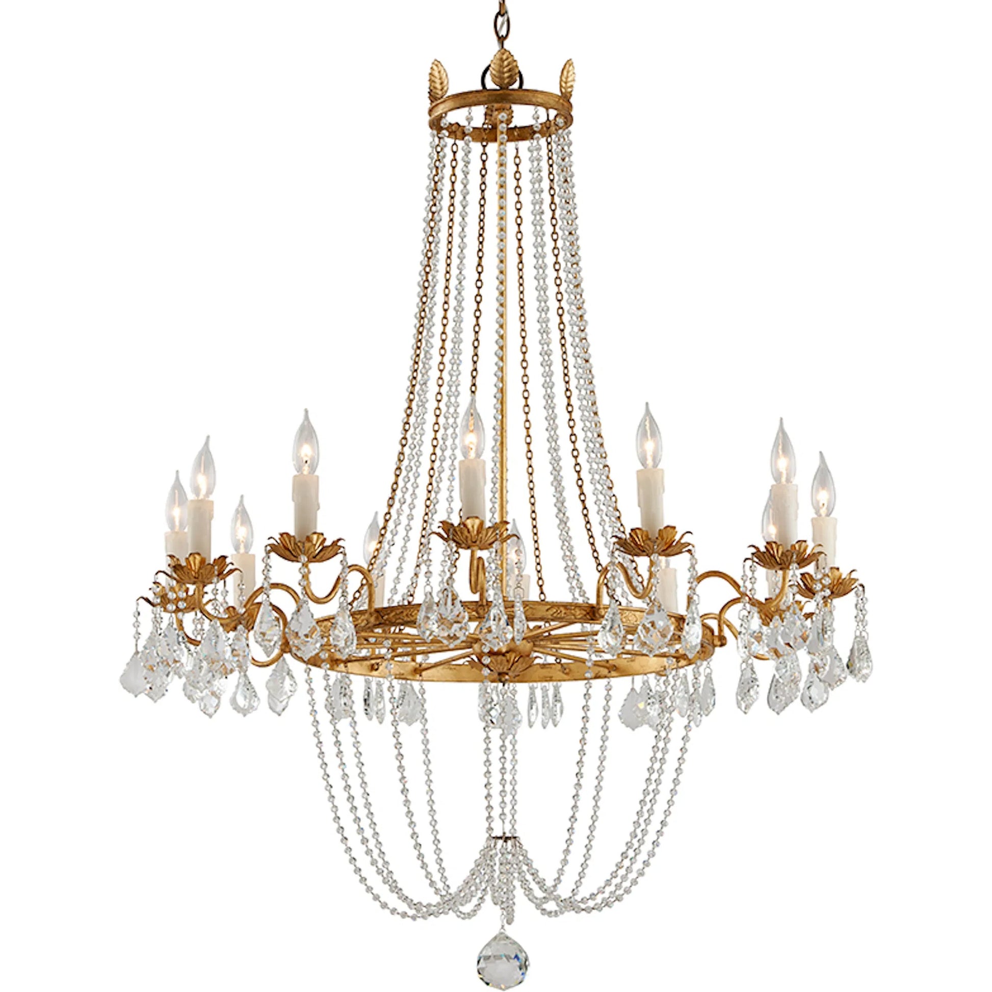 Viola Chandelier by Troy in distressed gold leaf. Made from hand worked iron in a traditional style.