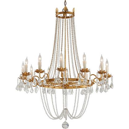 Viola Chandelier by Troy in distressed gold leaf. Made from hand worked iron in a traditional style.