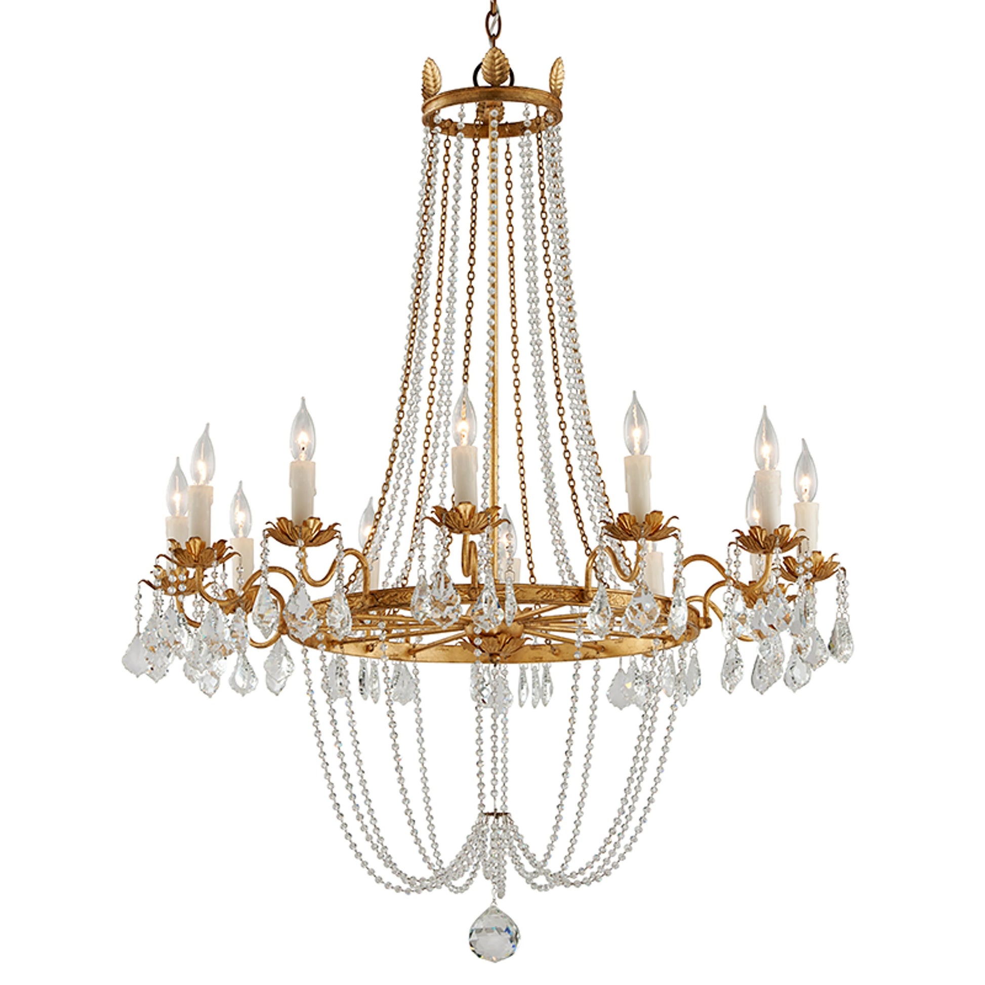 Viola Chandelier by Troy in distressed gold leaf. Made from hand worked iron in a traditional style.