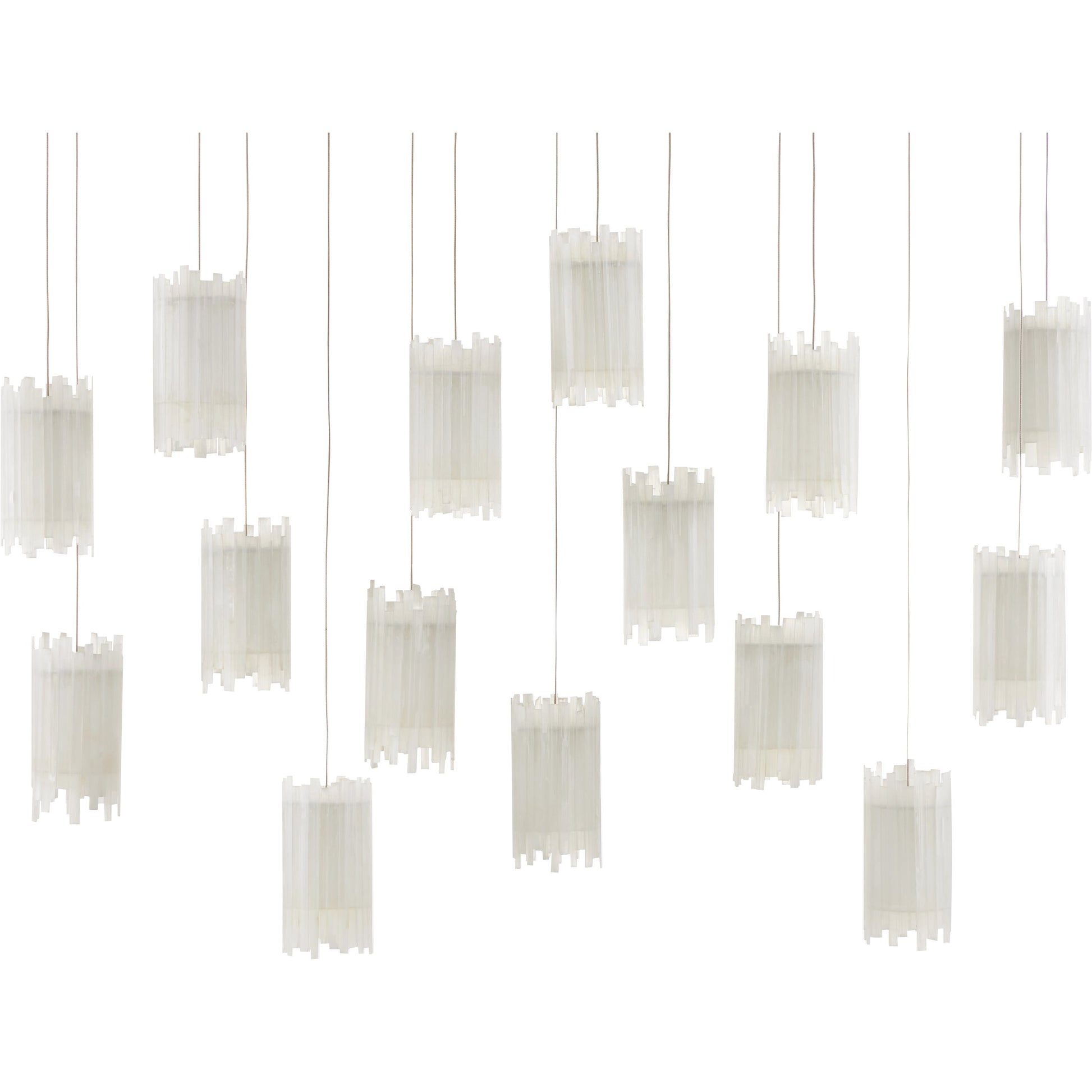 Escenia Rectangular 15-Light Multi-Drop Pendant by Currey and Company in natural selenite, silver. Made from selenite, frosted glass in a transitional style.