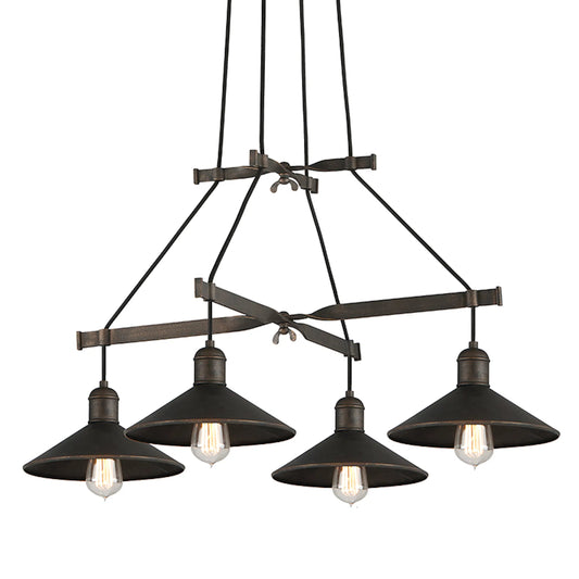 McCoy Chandelier by Troy in vintage bronze. Made from hand worked iron in a unique style.