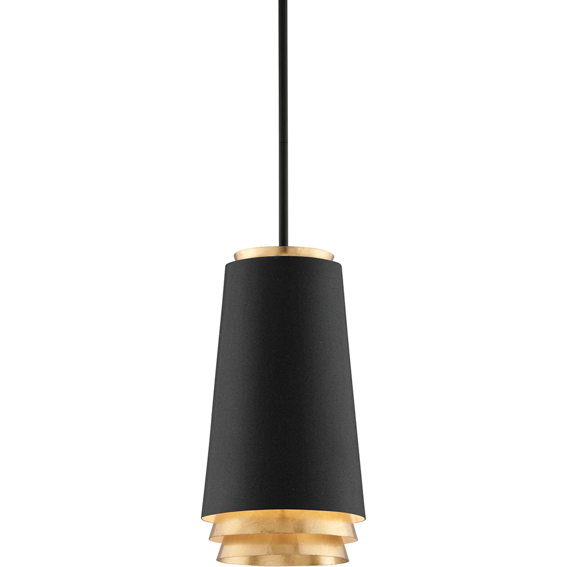 Fahrenheit Pendant by Troy in textured black with gold leaf. Made from hand worked iron in a modern style.