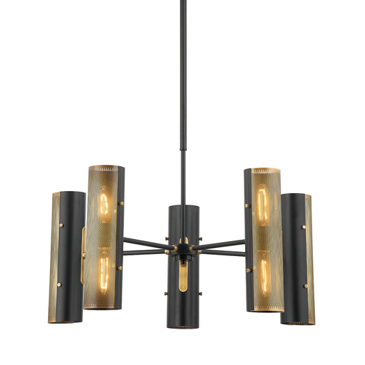 Mikka 10 Light Chandelier by Troy in patina brass, soft black. Made from steel in a modern style.