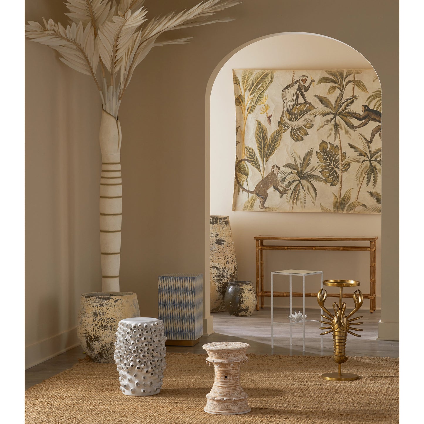 009 SI-2007821 | Lifestyle | Nadene Accent Table by Currey and Company in blue, white, brushed brass. Made from bone, brass in a coastal style.