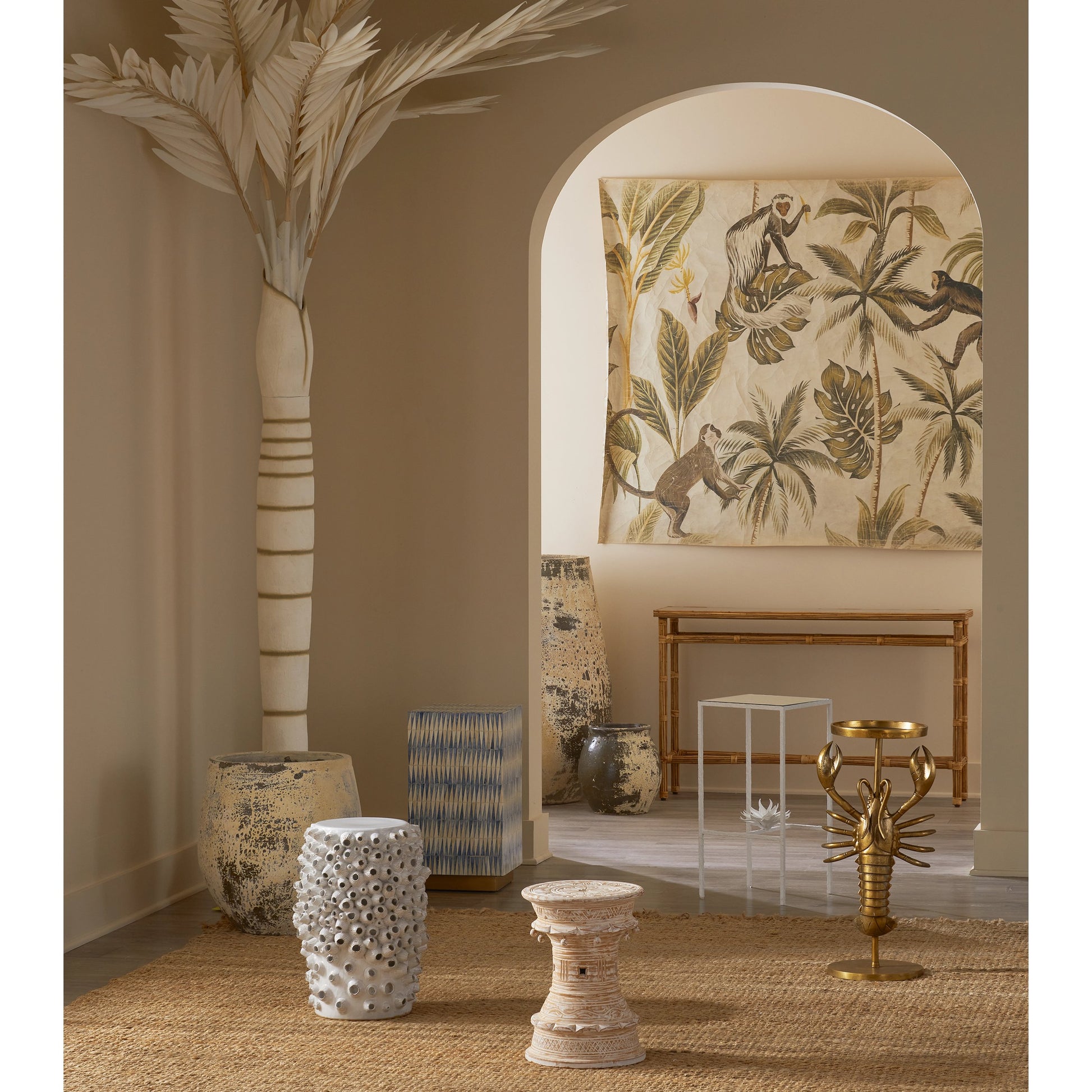 Nadene Accent Table by Currey and Company in blue, white, brushed brass. Made from bone, brass in a coastal style.