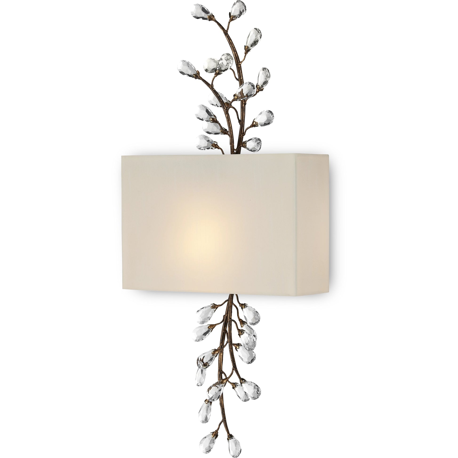 Crystal Bud Tall Wall Sconce by Currey and Company in cupertino. Made from wrought iron, crystal in a modern style.