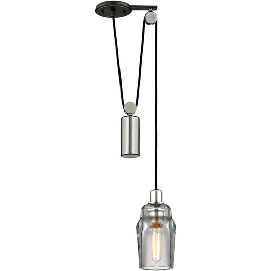 Citizen Pulley Mini Pendant by Troy in graphite and polished nickel. Made from hand worked iron in a modern style.
