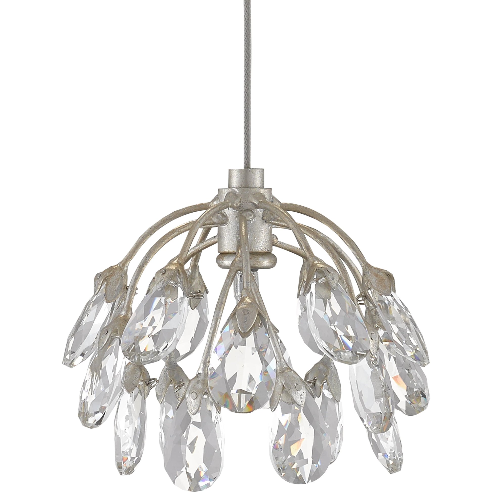 Crystal Bud Linear Pendant by Currey and Company in painted silver, contemporary silver leaf. Made from crystal, wrought iron in a transitional style.