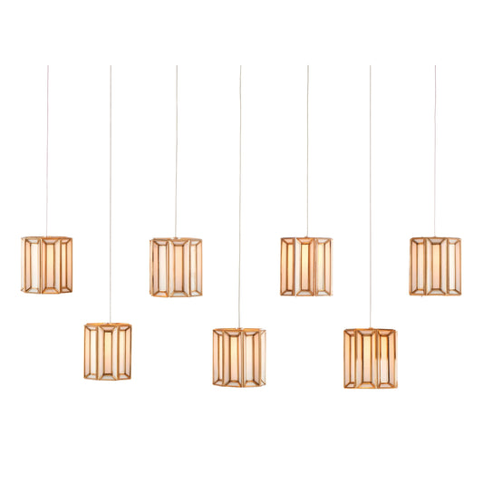 Daze Rectangular 7-LIGHT Multi-Drop Pendant by Currey and Company in white, brass, silver. Made from brass, frosted, glass in a modern style.