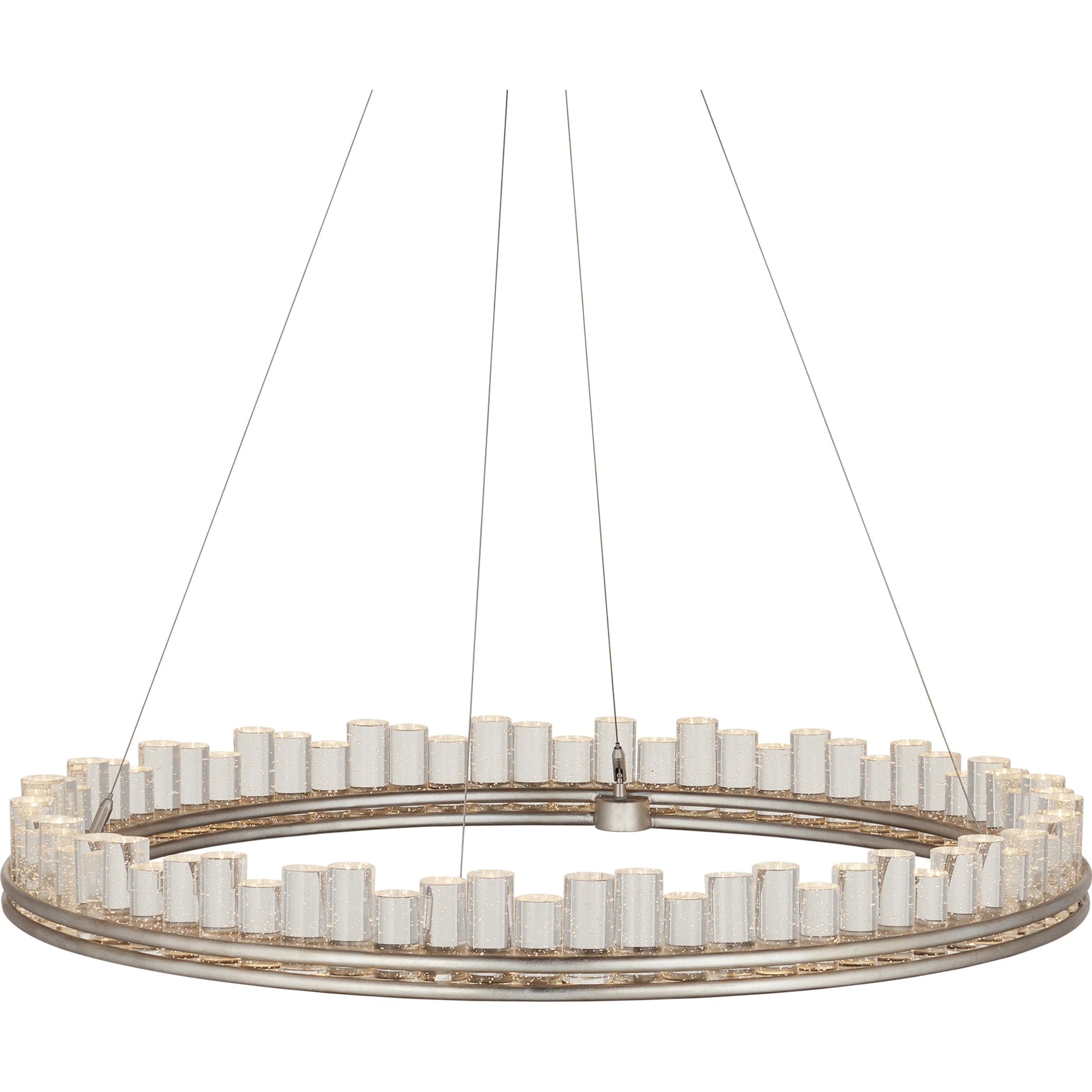 Pleiades Chandelier by Currey and Company in contemporary silver leaf, contemporary silver, clear. Made from wrought iron, seeded crystal in a modern style.