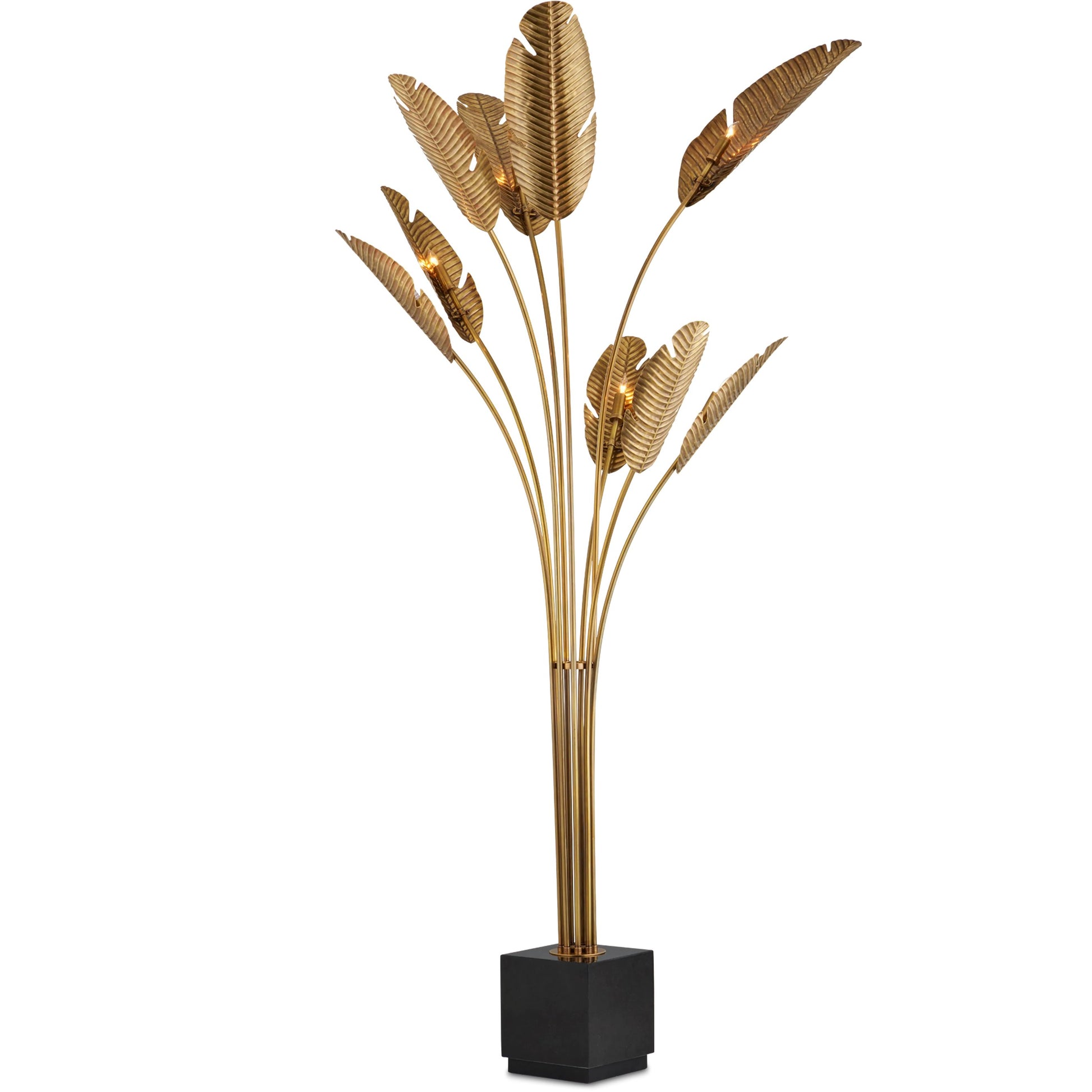 Tropical Grande Floor Lamp by Currey and Company in vintage brass, black. Made from brass, granite in a coastal style.