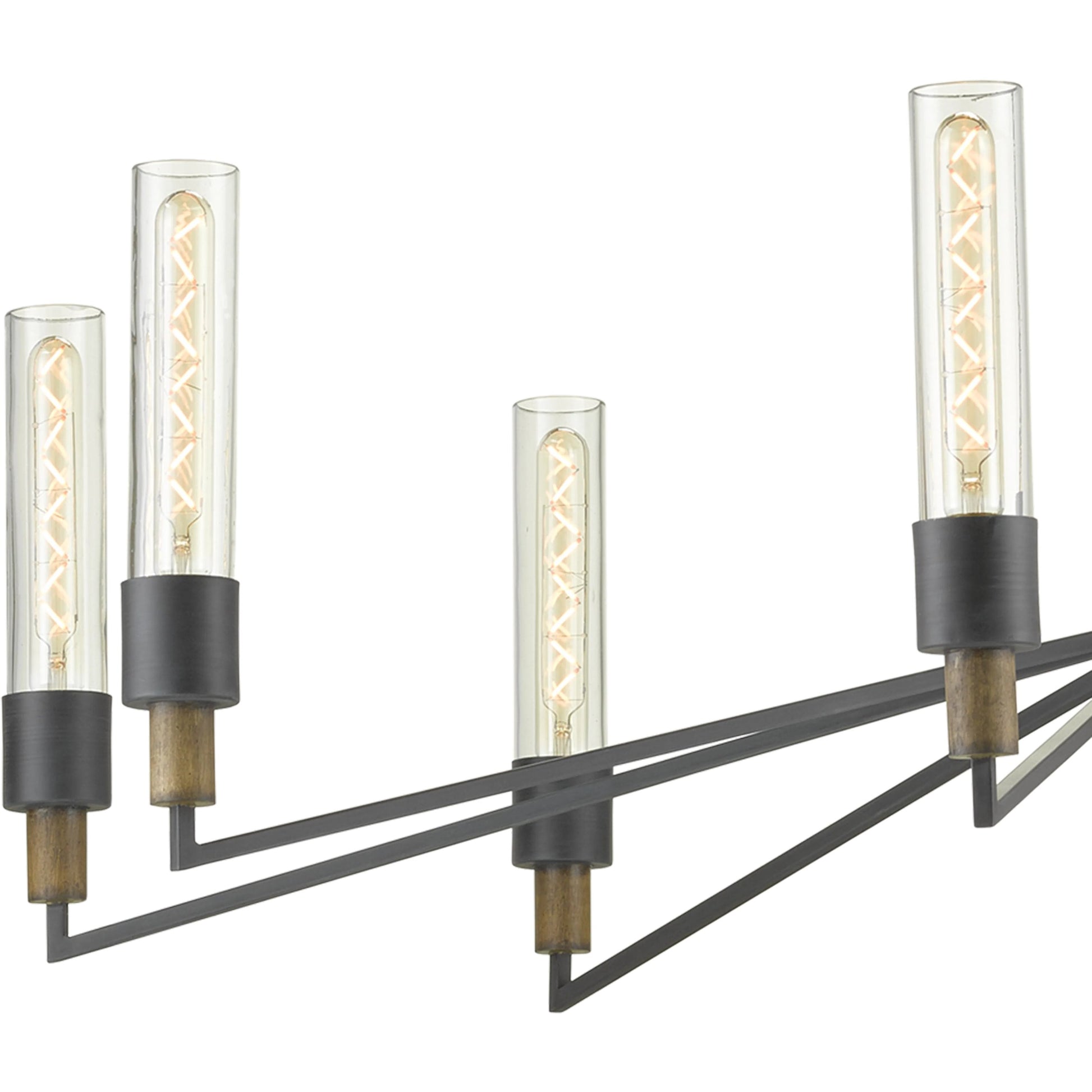 Delgado Chandelier by Currey and Company in antique black, reclaimed wood. Made from wrought iron, wood, recycled glass in a modern style.