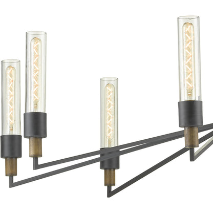 Delgado Chandelier by Currey and Company in antique black, reclaimed wood. Made from wrought iron, wood, recycled glass in a modern style.