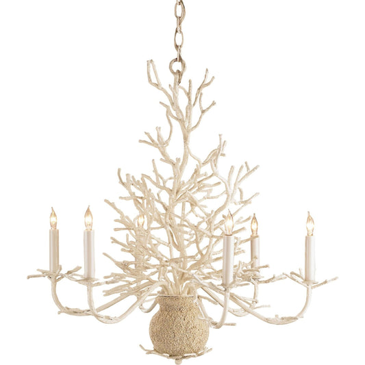 Seaward Chandelier by Currey and Company in white coral, natural sand. Made from wrought iron in a coastal style.