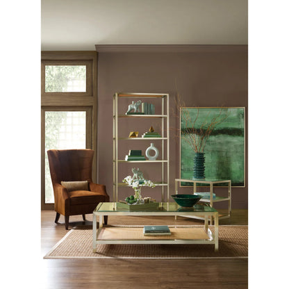 Melange End Table by Hooker Furniture in silver. Made from steel, glass top, cane with wooden frame in a modern style.