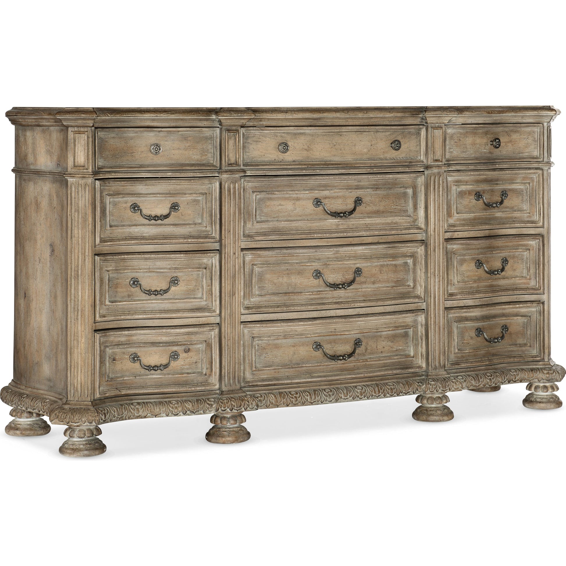 Castella Dresser by Hooker Furniture in antique slate. Made from pecan, quartered walnut, quartered black walnut, quartered ash, maple veneers with cedar drawer bottom, resin, felt panel in a traditional style.