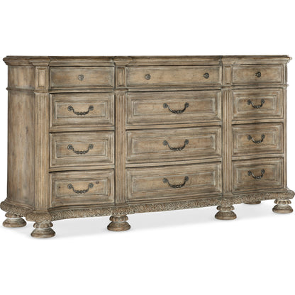 Castella Dresser by Hooker Furniture in antique slate. Made from pecan, quartered walnut, quartered black walnut, quartered ash, maple veneers with cedar drawer bottom, resin, felt panel in a traditional style.