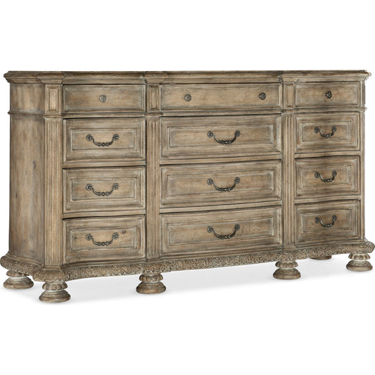 Castella Dresser by Hooker Furniture in antique slate. Made from pecan, quartered walnut, quartered black walnut, quartered ash, maple veneers with cedar drawer bottom, resin, felt panel in a unique style.