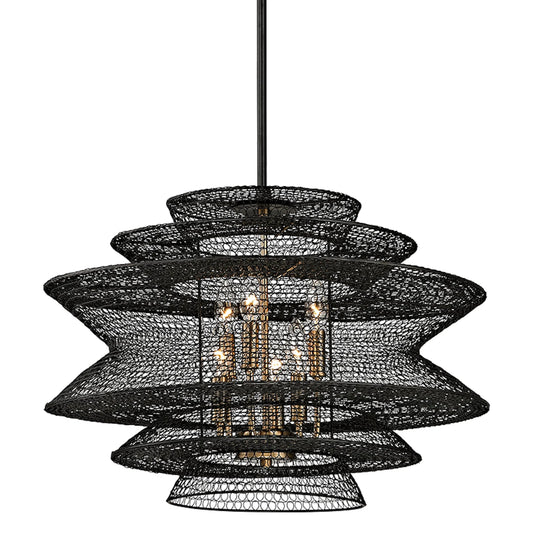 Kokoro Chandelier by Troy in soft black. Made from hand worked iron in a unique style.