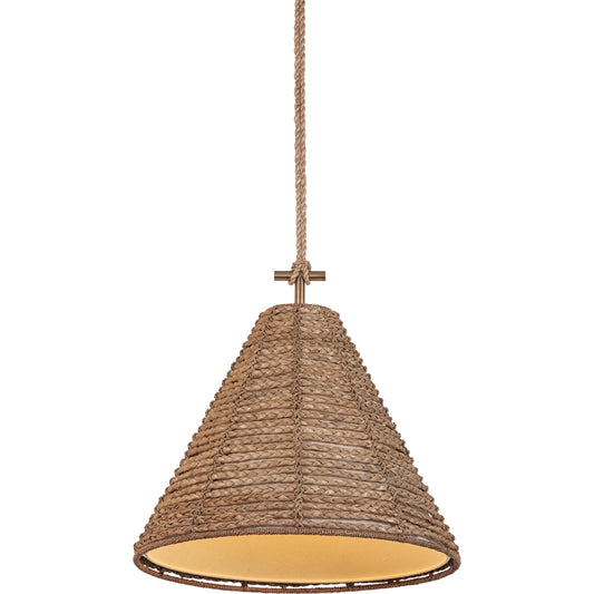 Redwood Pendant by Troy in patina brass. Made from natural woven in a unique style.