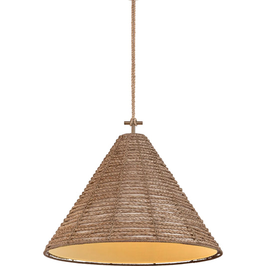 Redwood Pendant by Troy in patina brass. Made from natural woven in a unique style.