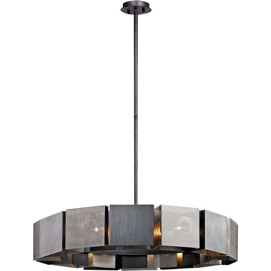 Impression Chandelier by Troy in graphite, burnished nickel. Made from hand worked iron in a unique style.