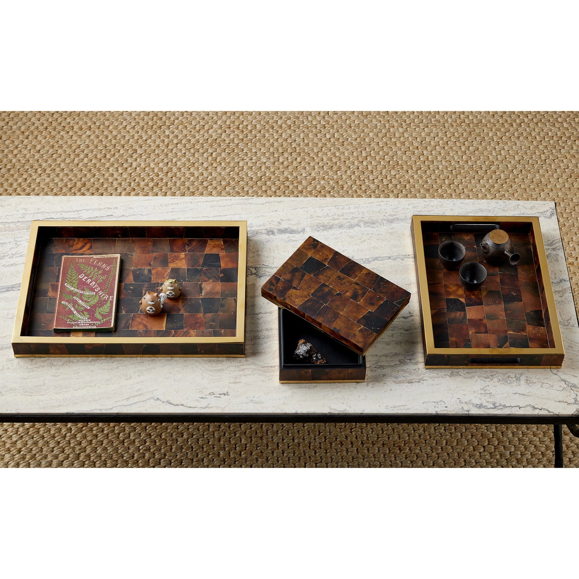 Casey Brown Tray Set by Currey and Company in natural, brass. Made from pen shell, stainless steel, wood in a eclectic & global style.