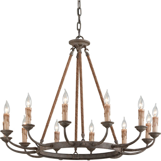 Cyrano Chandelier by Troy in earthen bronze. Made from hand worked iron in a transitional style.