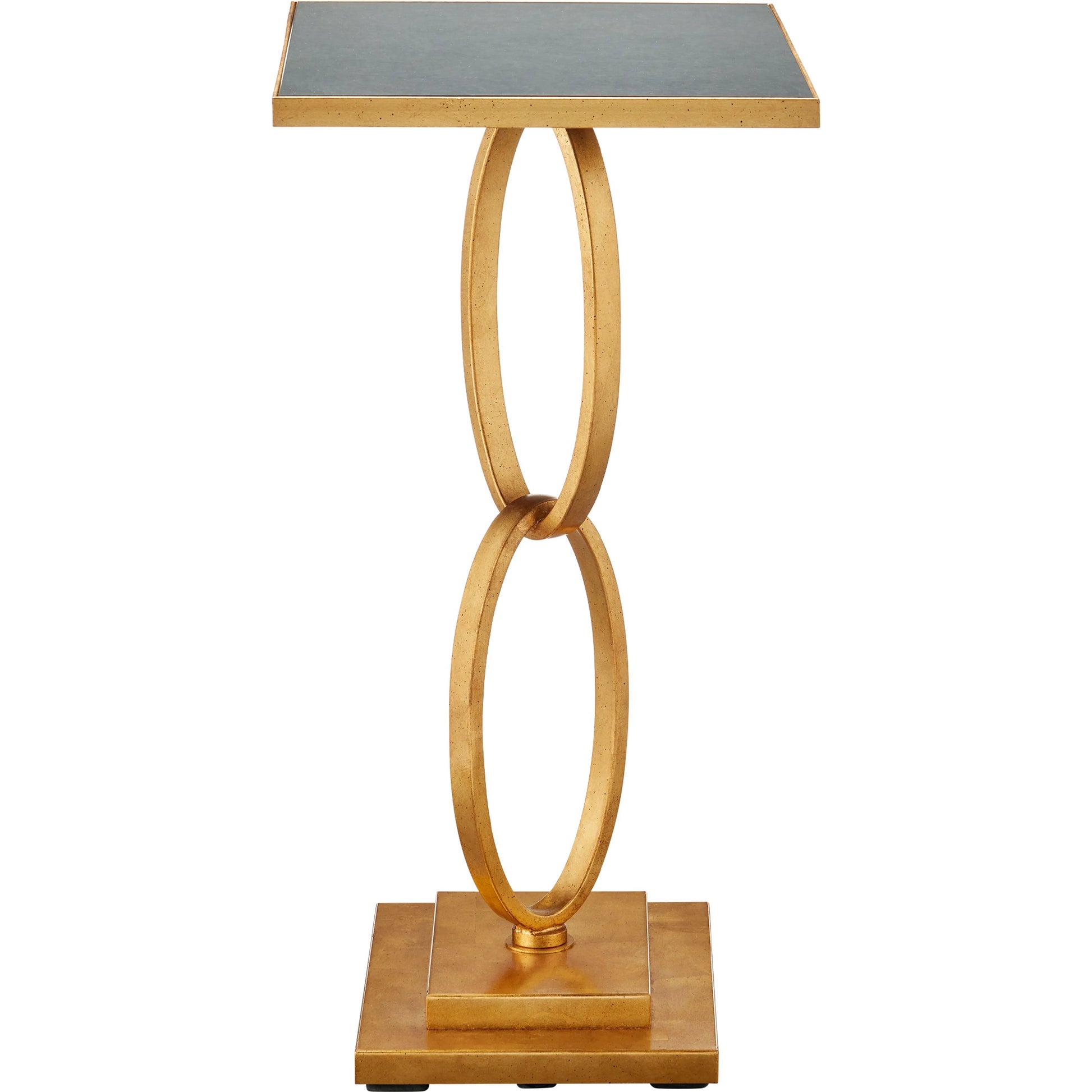Bangle Accent Table by Currey and Company in gold leaf. Made from iron, glass in a modern style.
