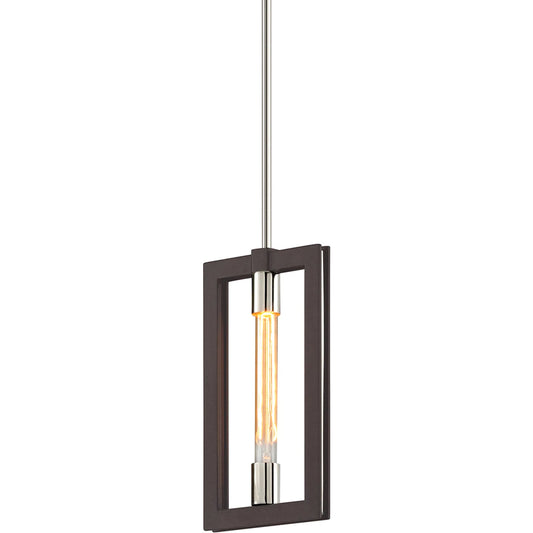 Enigma Mini Pendant by Troy in bronze with polished stainless. Made from hand worked iron in a modern style.