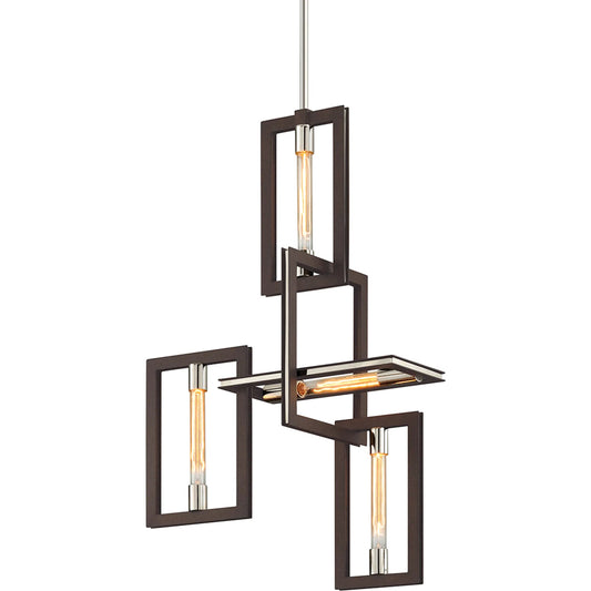 Enigma 4 Light Chandelier by Troy in bronze with polished stainless. Made from hand worked iron in a modern style.