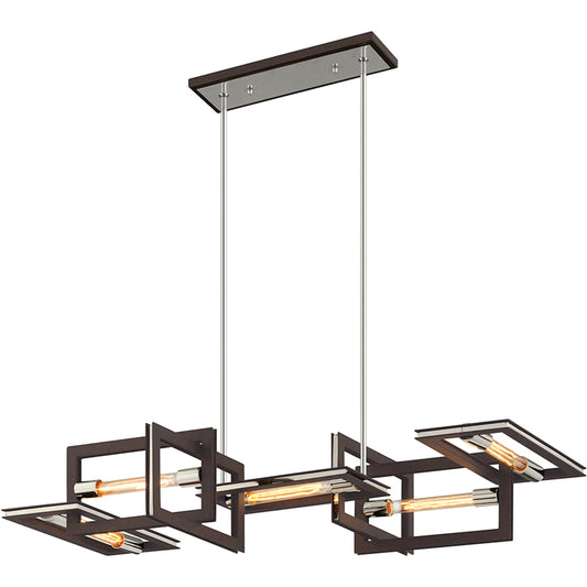 Enigma Linear Chandelier by Troy in bronze with polished stainless. Made from hand worked iron in a modern style.